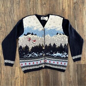 Vtg Northern Reflections Parkhurst Cardigan Sweater Lg Blue Skiing Winter Sport